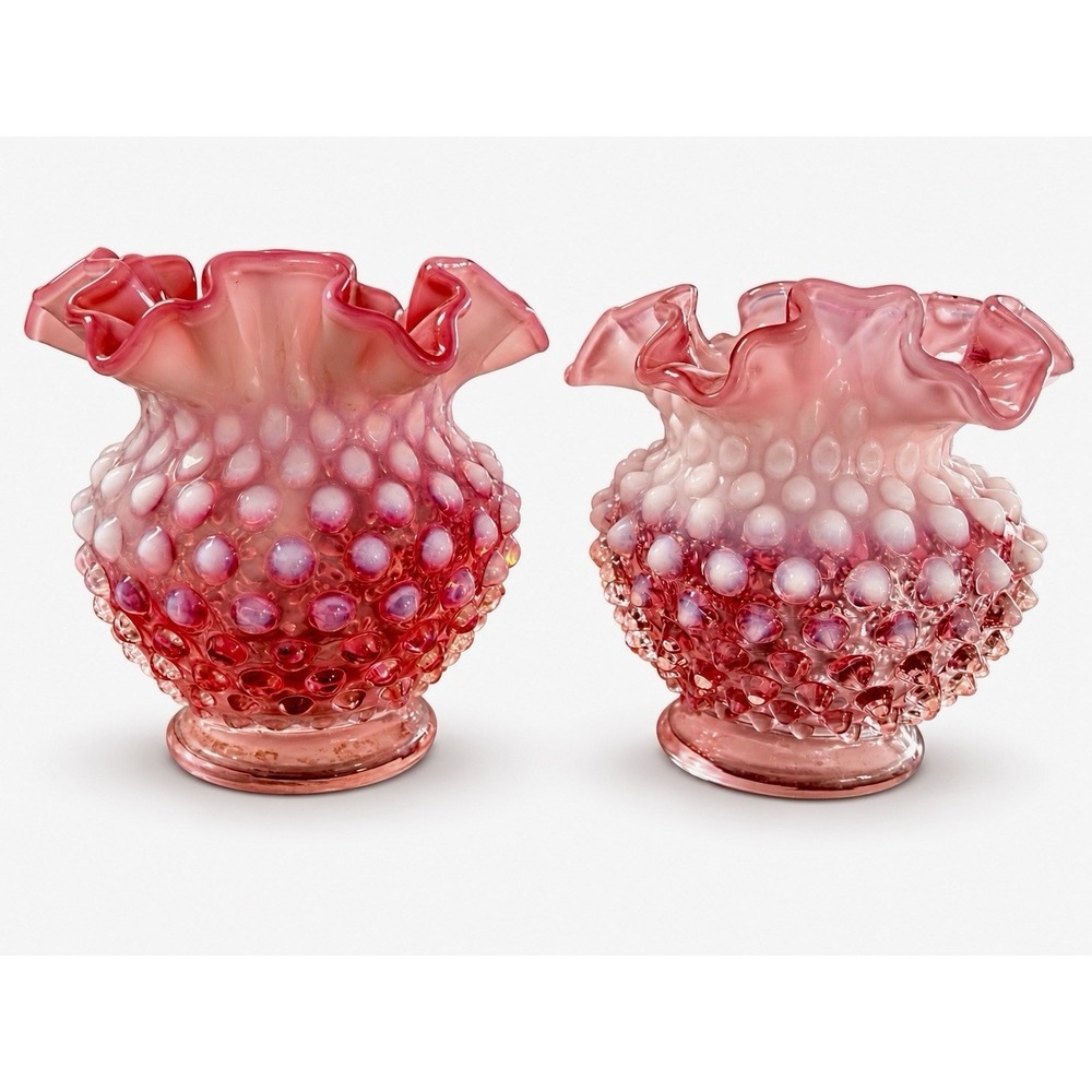 Pair Fenton Cranberry Opalescent Hobnail Rose Bowl Vases – Ruffled Edge – Vtg